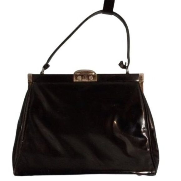 Julius Resnick Handbags - JR Julius Resnick Black Patent Vinyl Handle Bag Kiss-Lock Closure Vintage 1960s